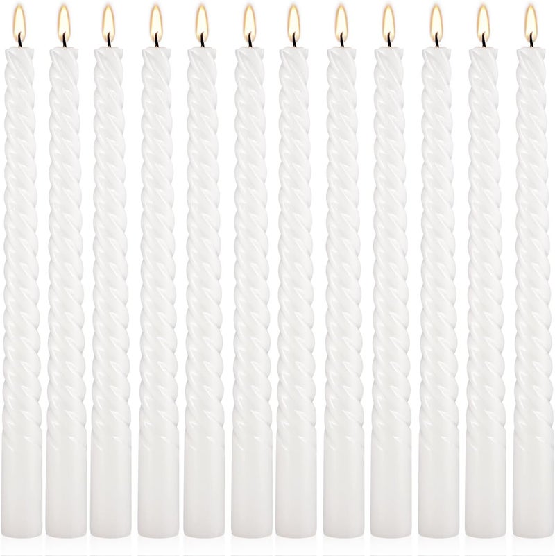 WPONSZU 10 Inch White Spiral Taper Candle Set of 12 Pack Unscented Dripless Candlesticks for Valentine's Day,Dinner,Party,Brithday,Wedding,Christmas,and Home Decoration - Image 1